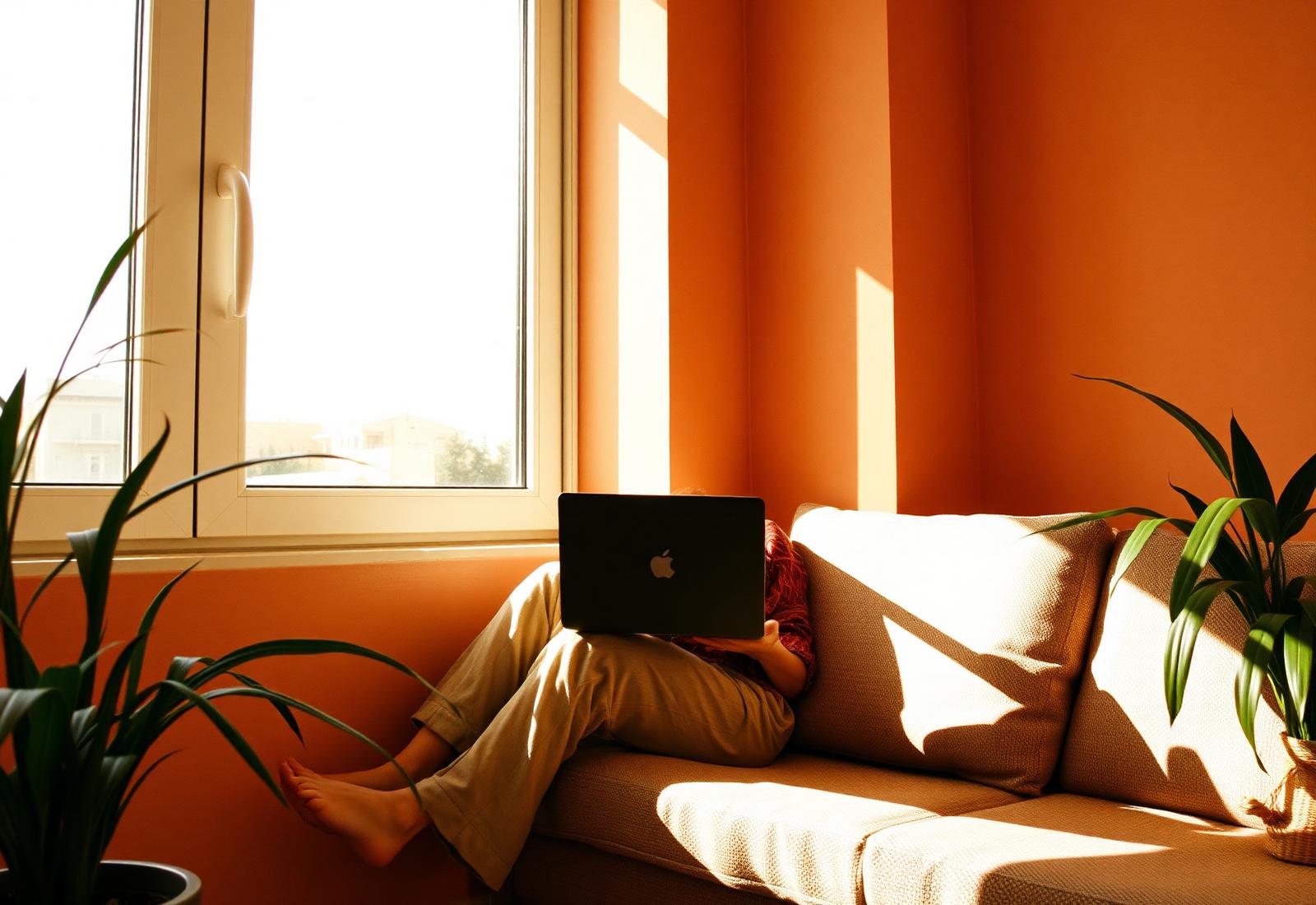 Persona junto a una ventana con laptop, tarde de luz cálida